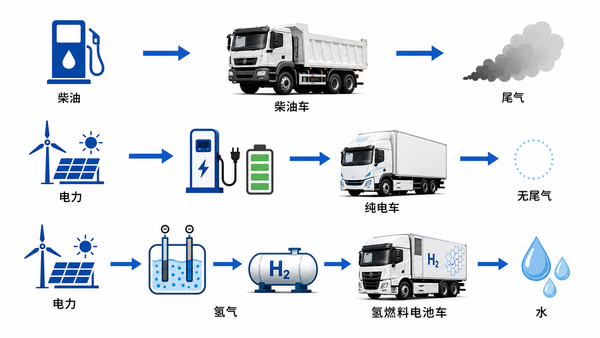 柴油、纯电与氢燃料电池的能量路径