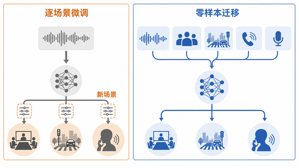 传统逐场景微调与多来源预训练后的零样本迁移对比