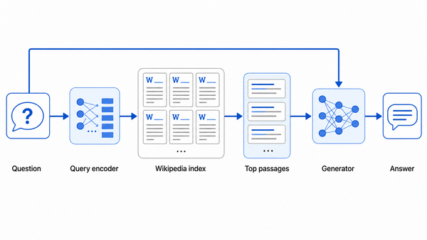 A question is encoded, matched against a Wikipedia index, and combined with retrieved passages by a generator.