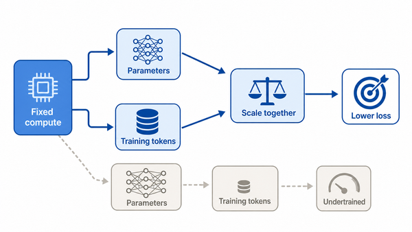 A fixed compute budget split between parameters and training tokens, with balanced scaling leading toward lower loss.