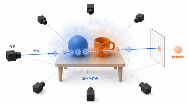 多个相机视角、空间采样点与最终像素之间的关系