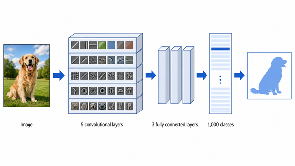 A left-to-right teaching diagram of the network, from an image through five convolutional layers and three fully connected layers to 1,000 classes.