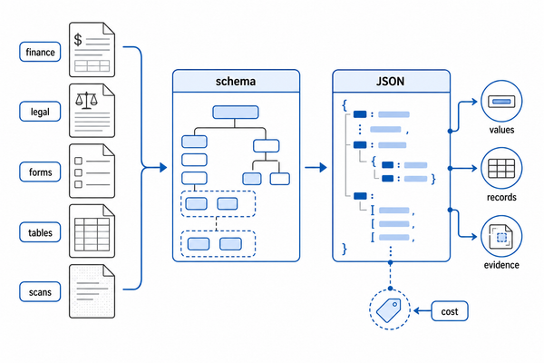 A white-canvas infographic showing many enterprise documents flowing into one schema-guided extraction task that must produce correct values, complete record lists, and source evidence.