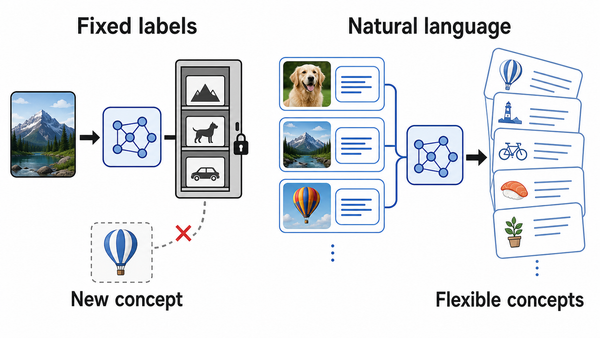 Comparison between a closed fixed-label system and natural-language supervision that can express a wider set of concepts.